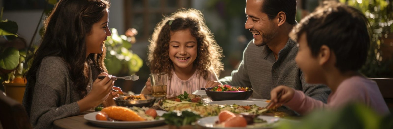 Family gathered around a table, smiling.